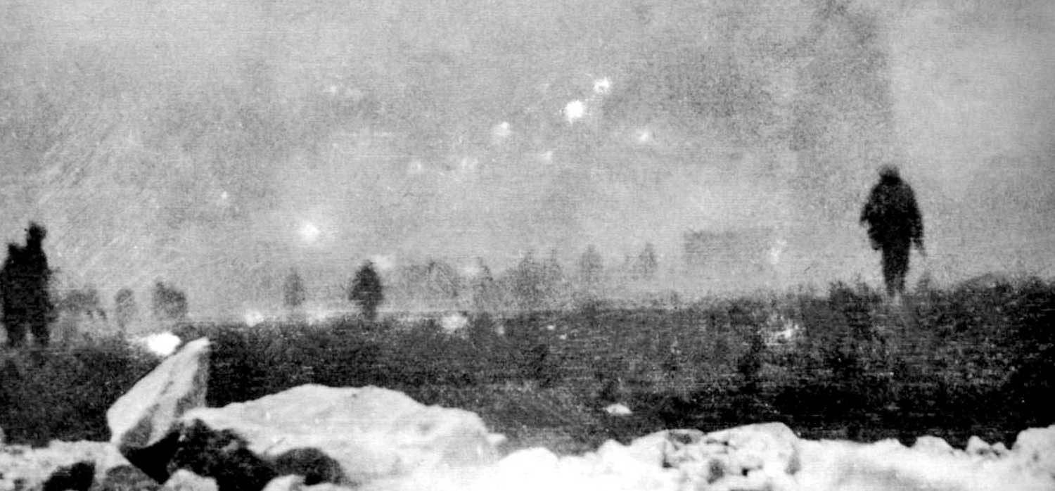 Infantry of the British Empire advance through gas at Loos, France
