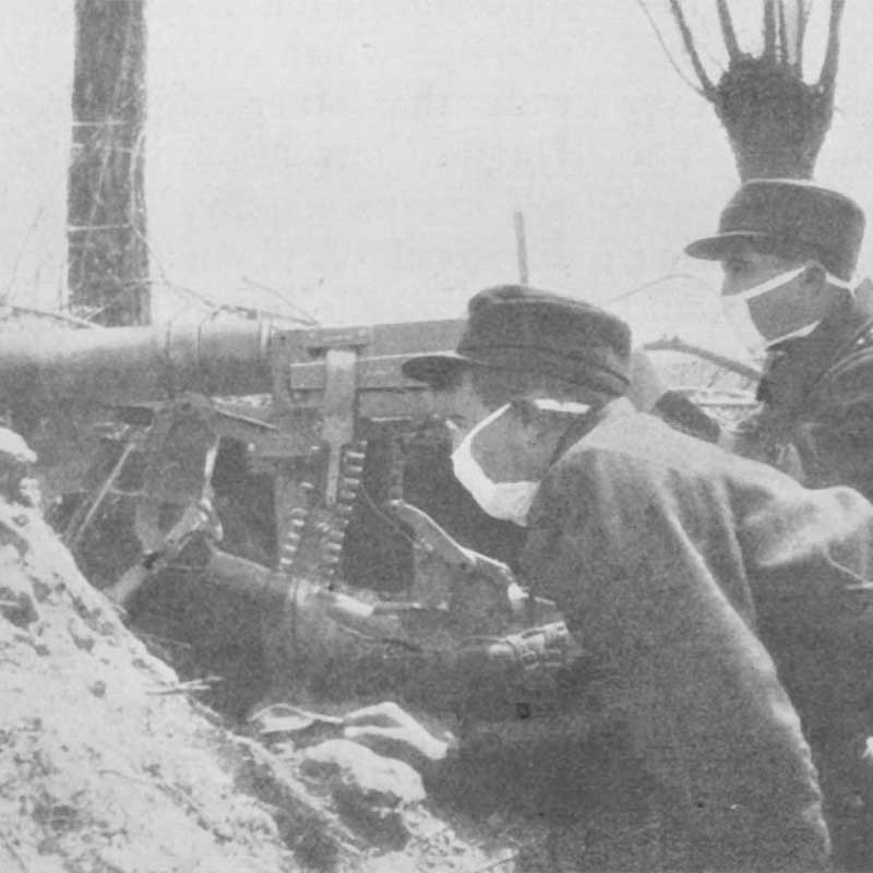 Belgian troops wearing gas masks